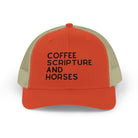 Embroidered Coffee Scripture and Horses Trucker Hat [23 Colors] Embroidered TCC Hat The Cinchy Cowgirl - Print Rustic Orange / Khaki