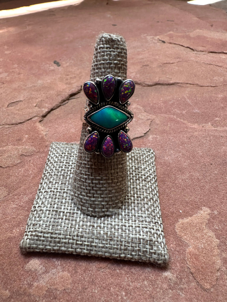 Handmade Blue Opal, Purple Fire Opal And Sterling Silver Adjustable Ring Jewelry & Watches:Ethnic, Regional & Tribal:Native American:Rings Nizhoni Traders LLC   
