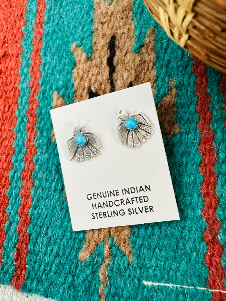 Navajo Sterling Silver & Turquoise Thunderbird Stud Earrings NT jewelry Nizhoni Traders LLC   