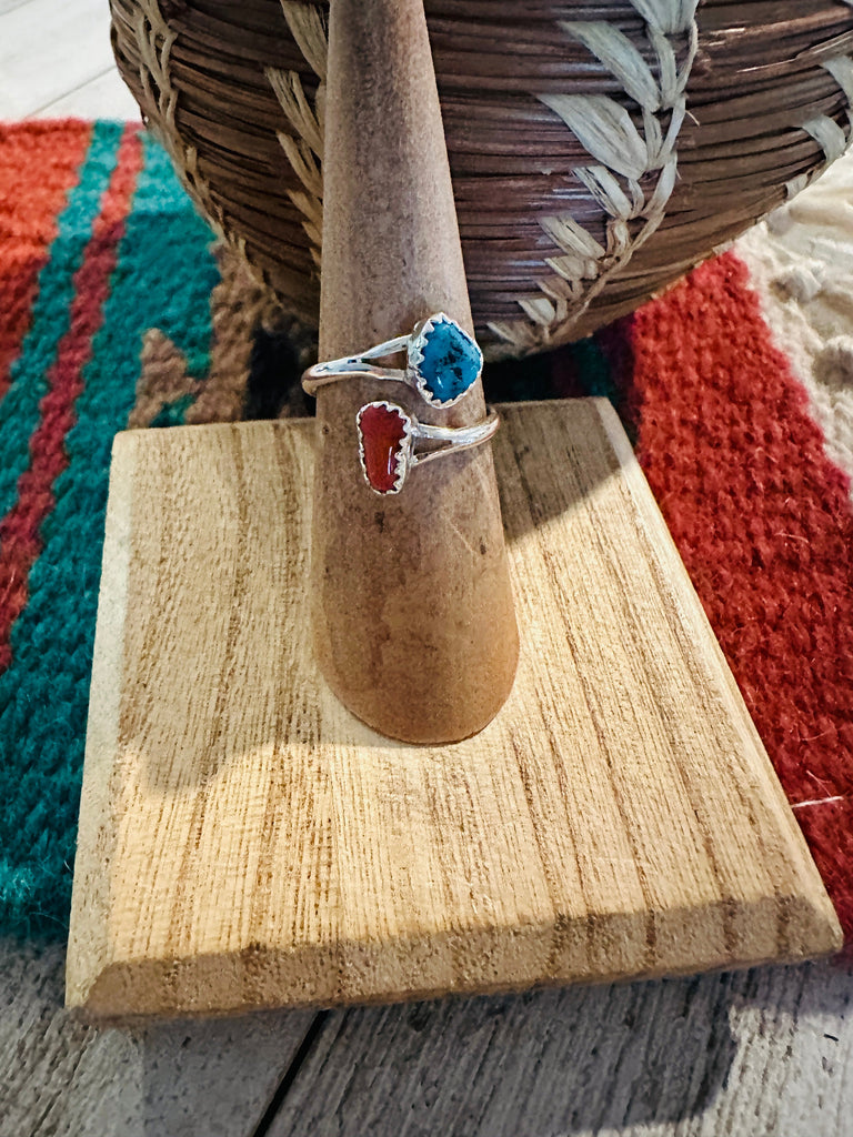 Navajo Sterling Silver, Coral & Turquoise Adjustable Ring NT jewelry Nizhoni Traders LLC   