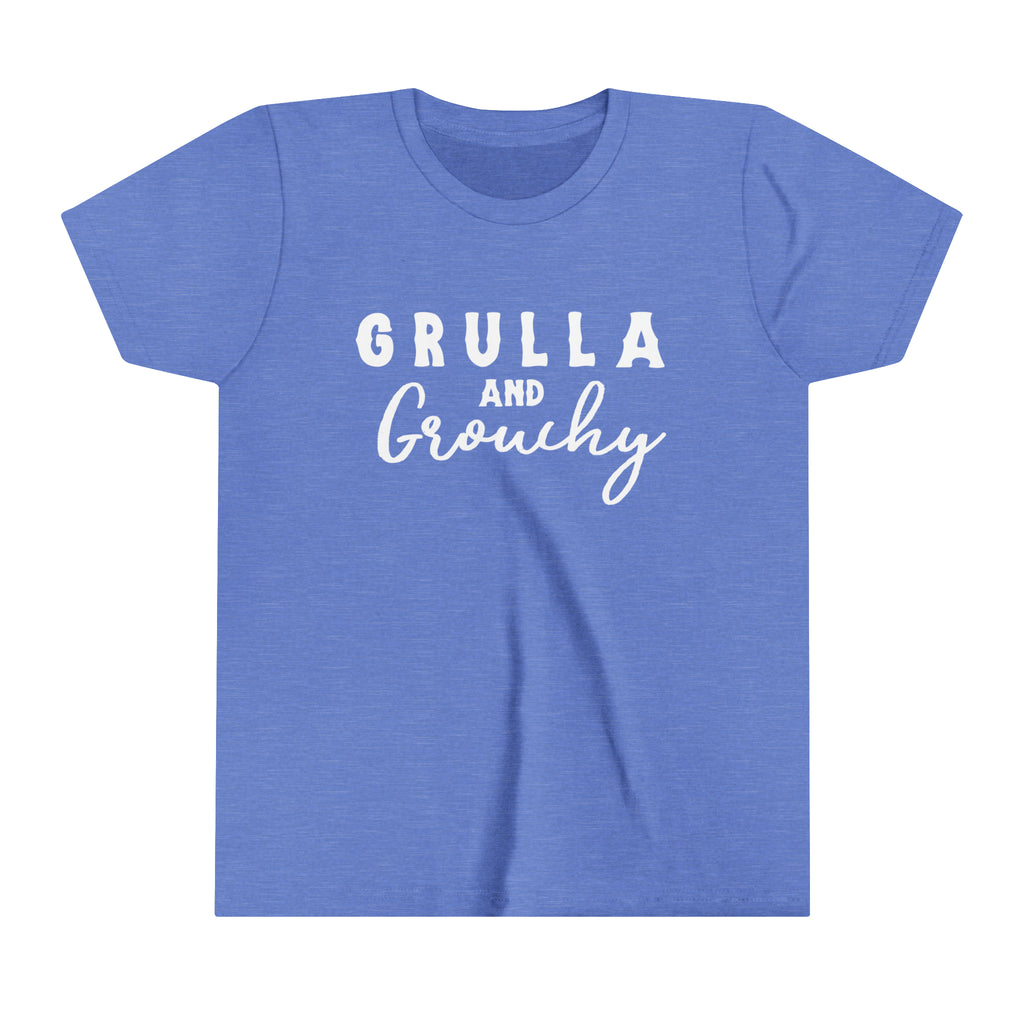 Blue youth short sleeve with white lettering reading "Grulla and Grouchy".