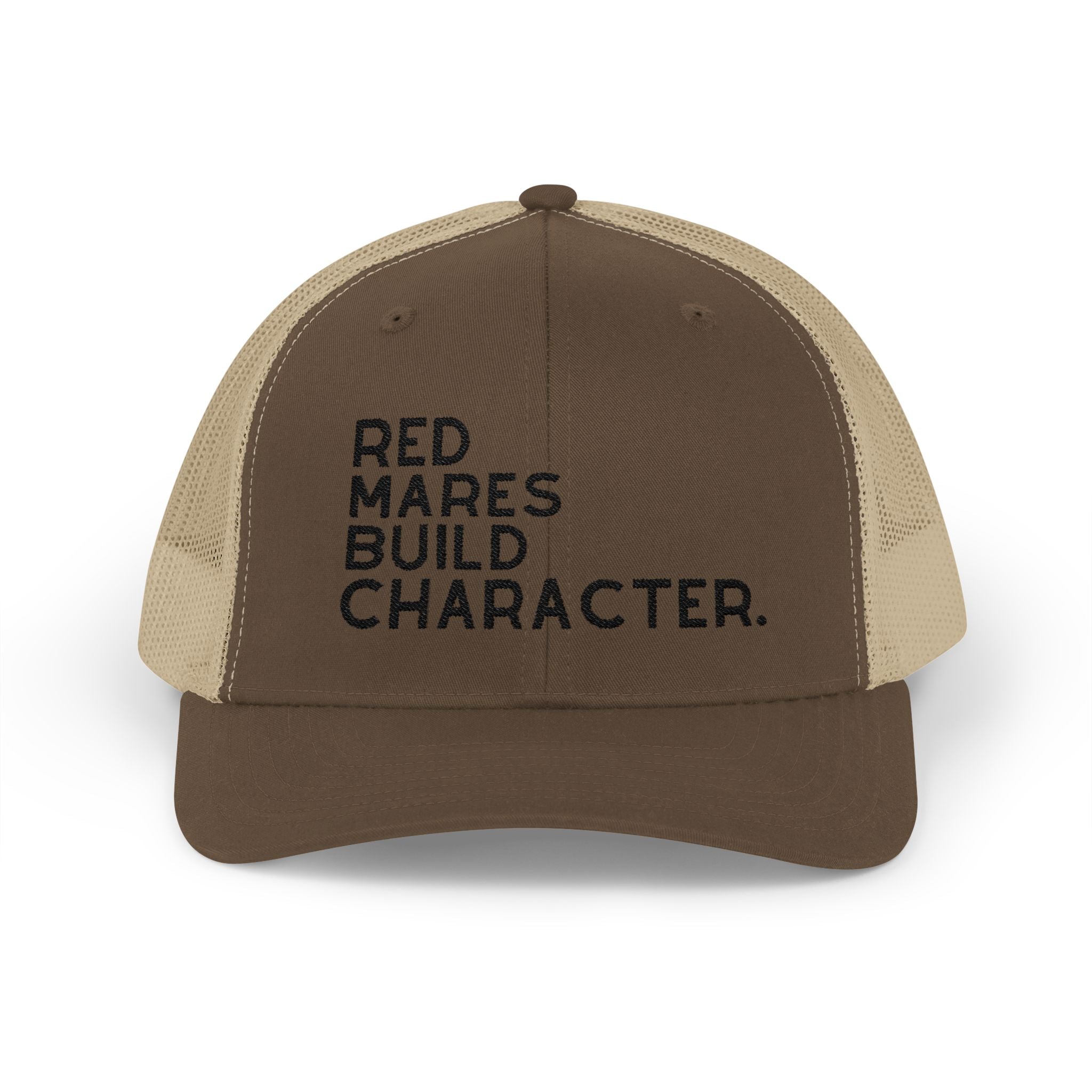 Red Mares Build Character Trucker Hat Embroidered TCC Hat The Cinchy Cowgirl - Print Brown / Khaki
