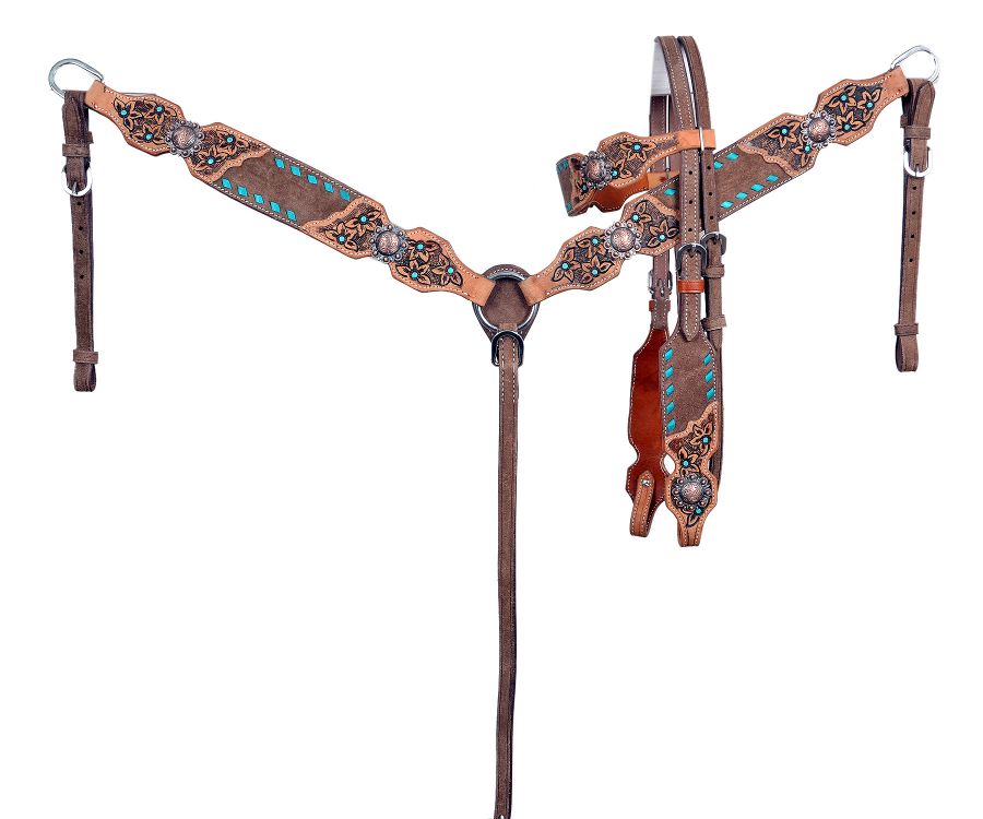 Chocolate western headstall set with teal whip stitch and teal accented center of florals. Lighter oil floral tooling accents ends of leather pieces with accented copper conchos. 