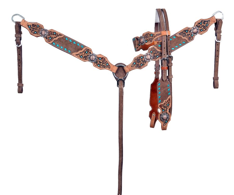 Chocolate Teal Buckstitch Headstall Set headstall set Shiloh   