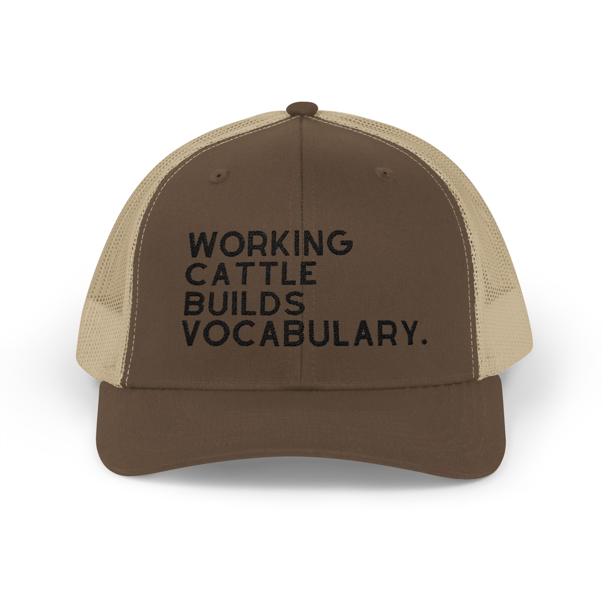 Embroidered Working Cattle Builds Vocabulary Trucker Hat [23 Colors] Embroidered TCC Hat The Cinchy Cowgirl - Print Brown / Khaki