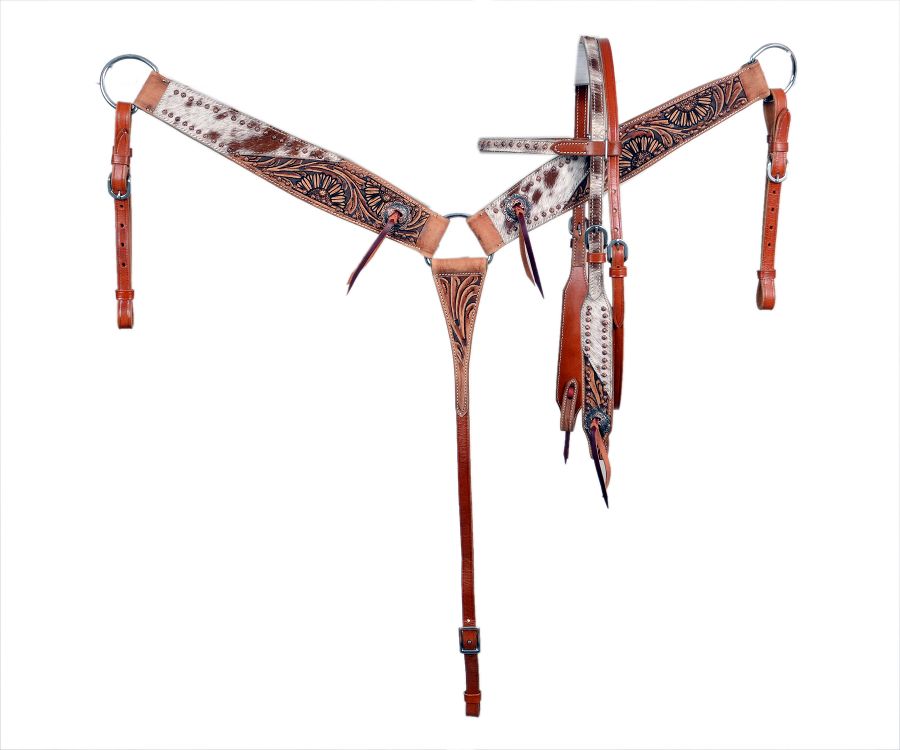 Cowhide Inlay Copper Beading Headstall Set headstall set Shiloh   