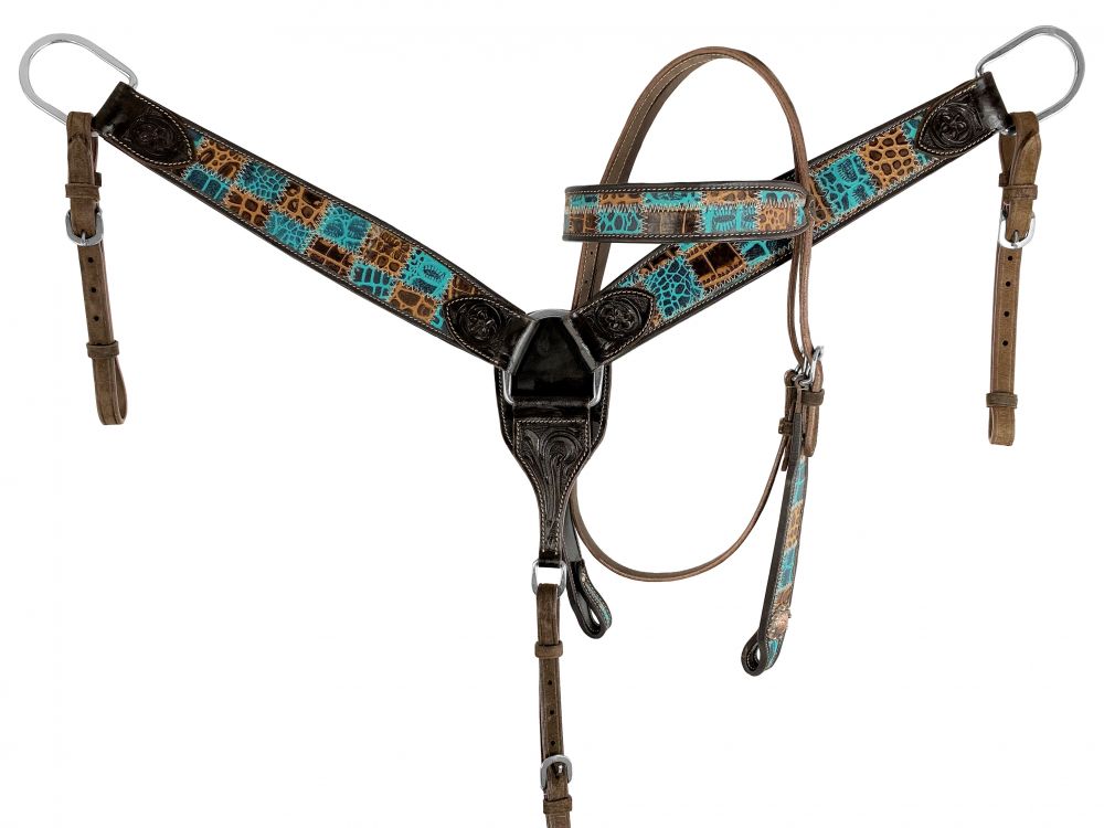 Teal Gator Patchwork Headstall Set 