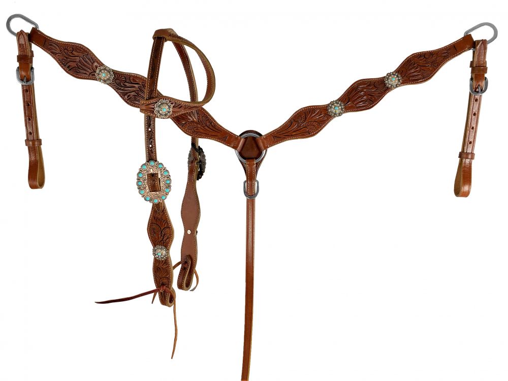 Floral Tooling & Silver Concho One Ear Headstall Set headstall set Shiloh   