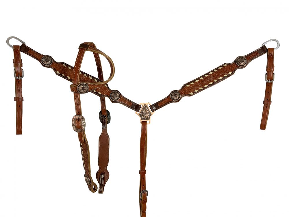 Medium oil western one ear headstall set. Sunflower and basket weave tooling with cream buck stitching accent the set. Sunflower conchos are found on the entire set. 