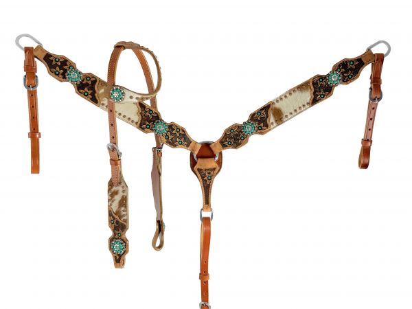 Hair on Cowhide Painted Teal Headstall Set headstall set Shiloh   