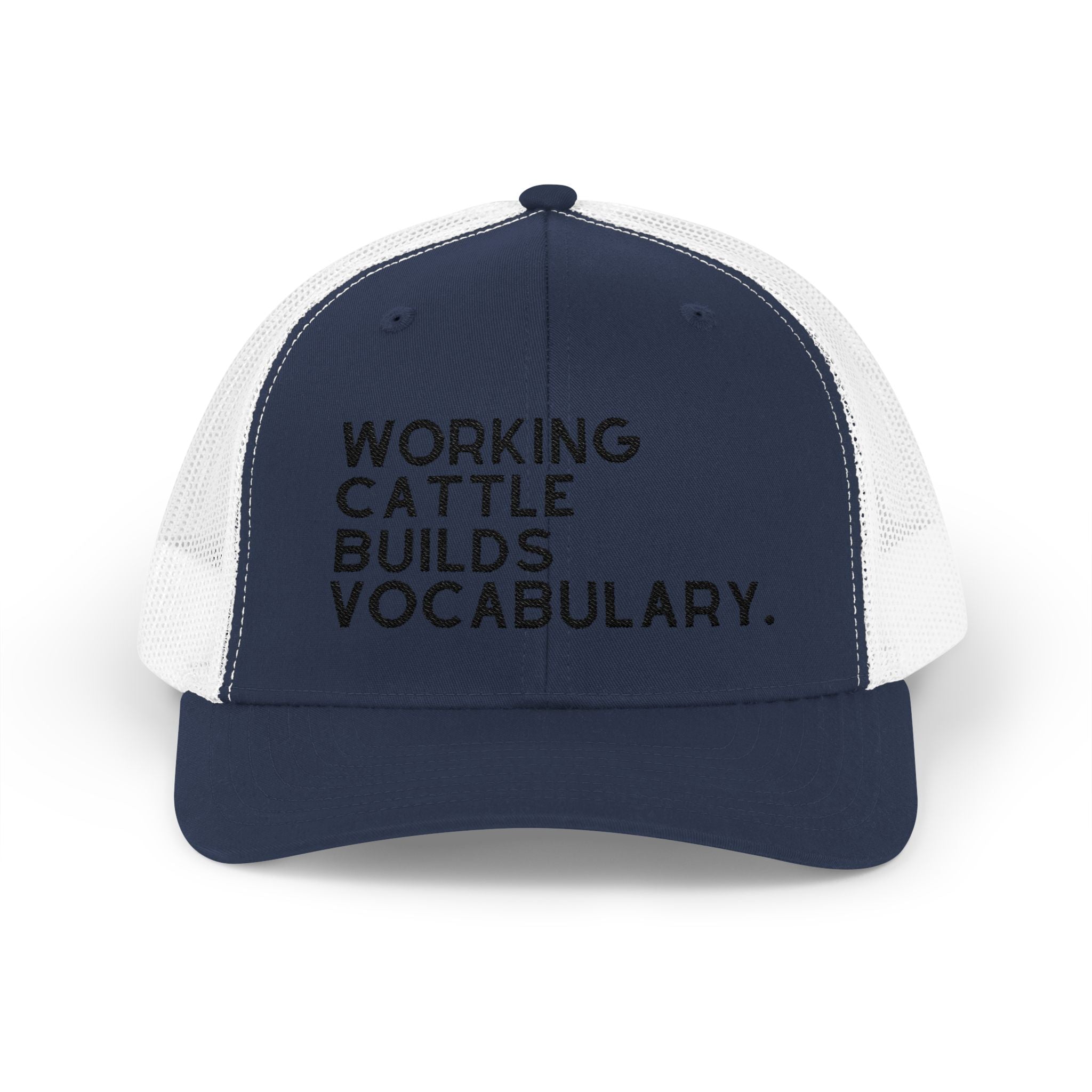 Embroidered Working Cattle Builds Vocabulary Trucker Hat [23 Colors] Embroidered TCC Hat The Cinchy Cowgirl - Print Navy / White