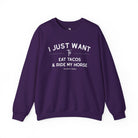 I Just Want To Eat Tacos And Ride My Horse Pullover Sweatshirt The Cinchy Cowgirl - Print S Purple