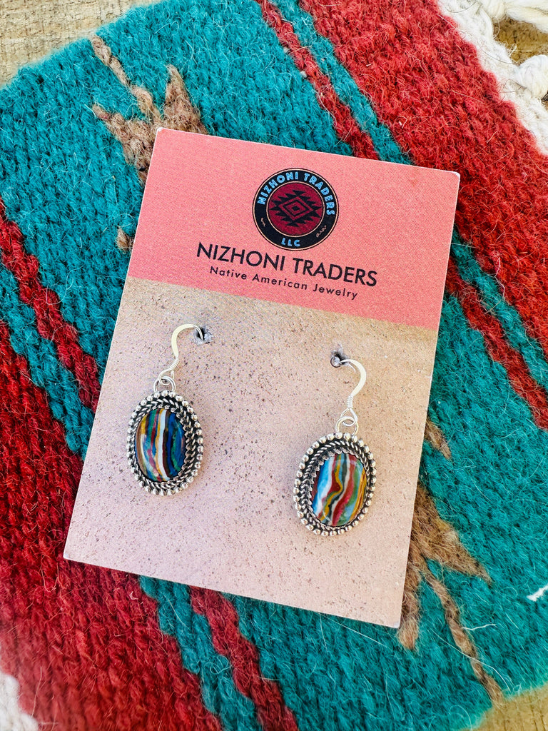 Navajo Rainbow Calsilica & Sterling Silver Oval Dangle Earrings NT jewelry Nizhoni Traders LLC   