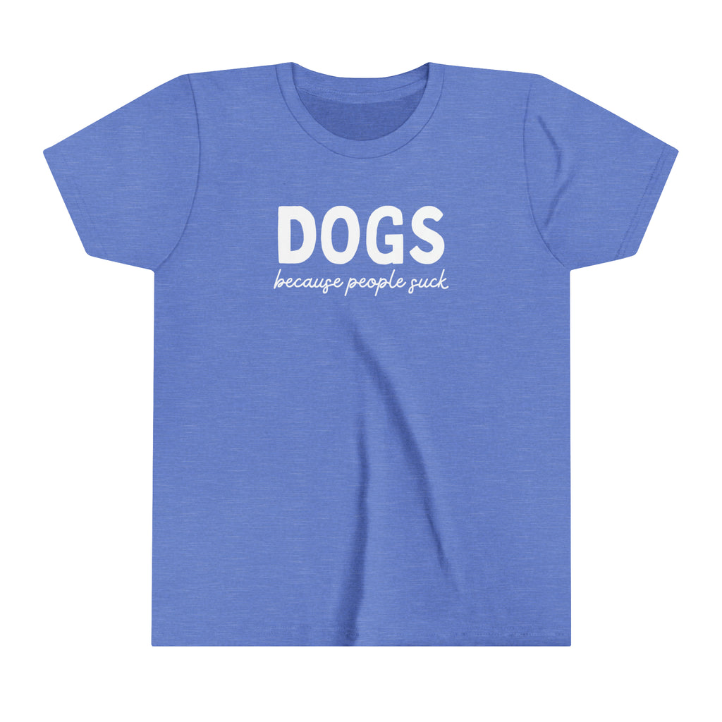 Blue youth short sleeve with black lettering reading "Dog mom of the Freakin Year". 
