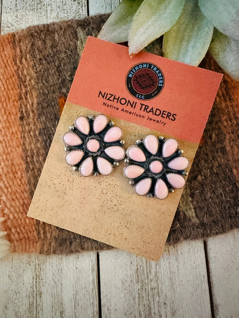 Queen Pink Conch Floral Cluster Stud Earrings NT jewelry Nizhoni Traders LLC   