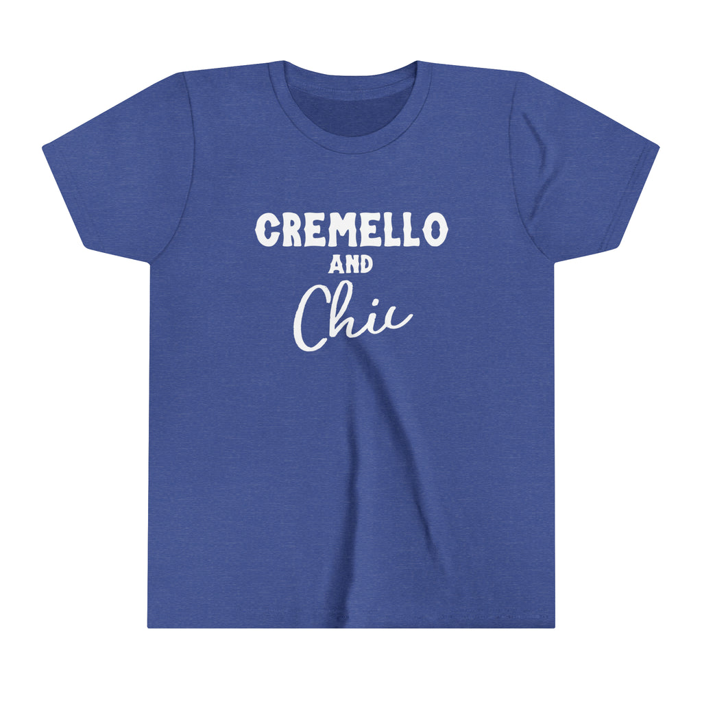 Royal youth short sleeve with white lettering reading "Cremello and Chic".
