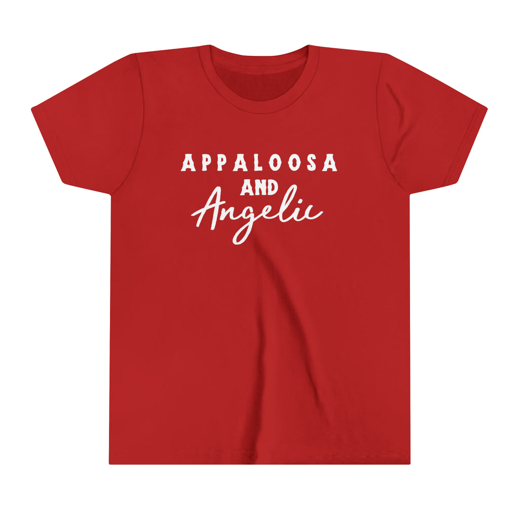 Western red youth short sleeve with white lettering that reads "Appaloosa & Angelic".