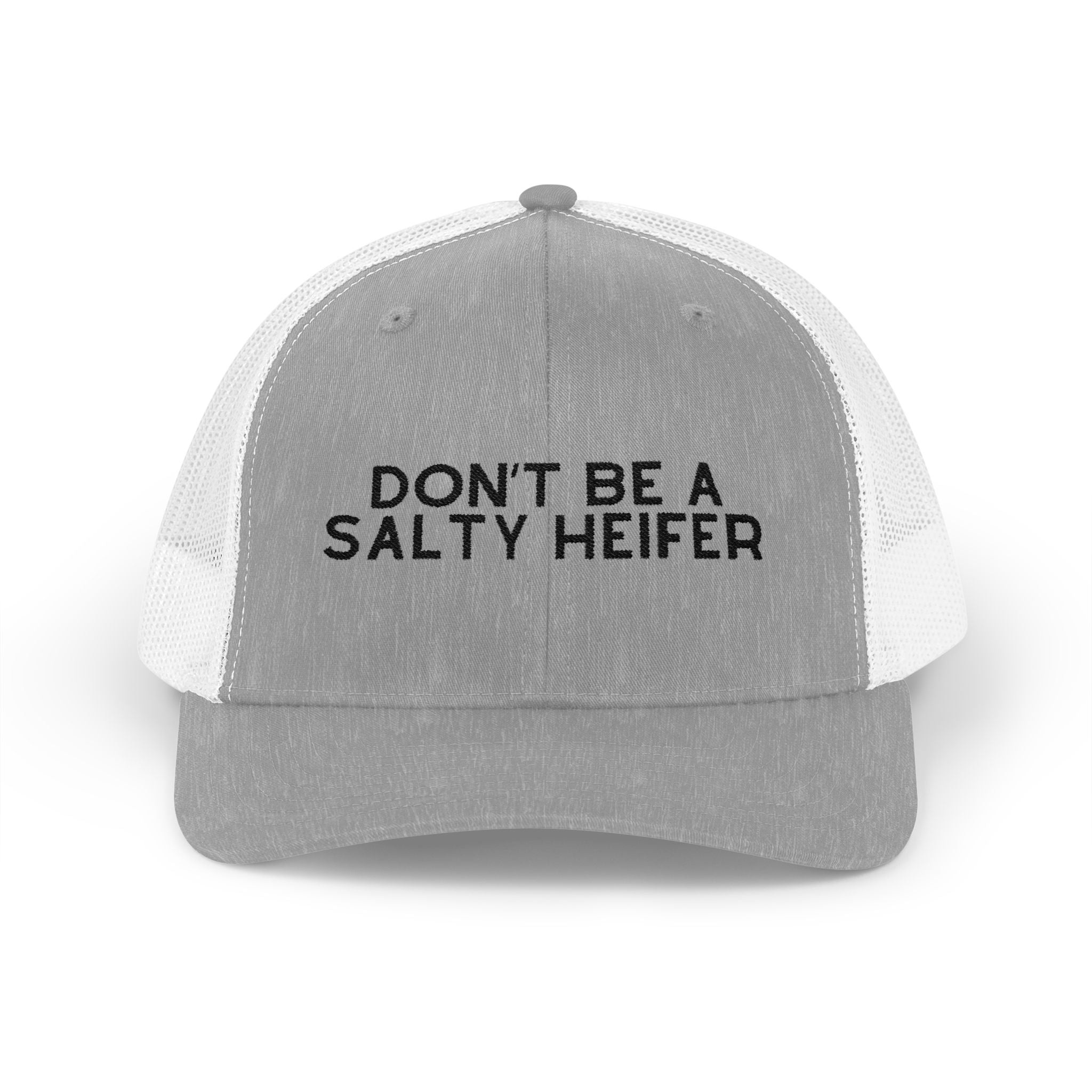 Embroidered Don't Be A Salty Heifer Trucker Hat Embroidered TCC Hat The Cinchy Cowgirl- Print Heather Grey / White