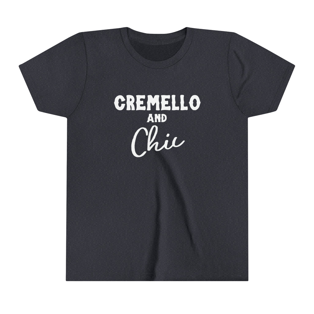 Navy youth short sleeve with white lettering reading "Cremello and Chic".