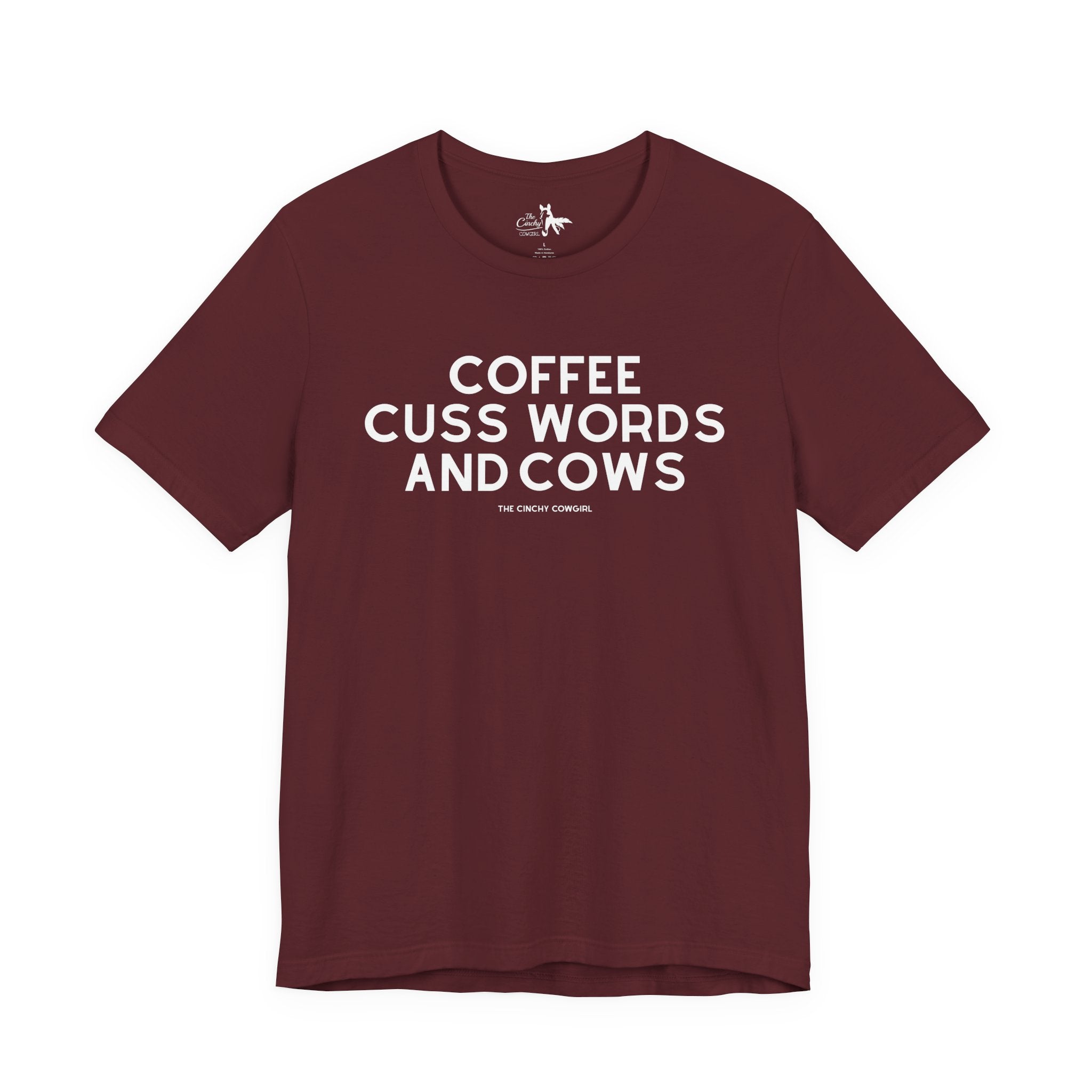 Coffee, Cuss Words And Cows Short Sleeve Tee T-Shirt The Cinchy Cowgirl - Print Maroon XS