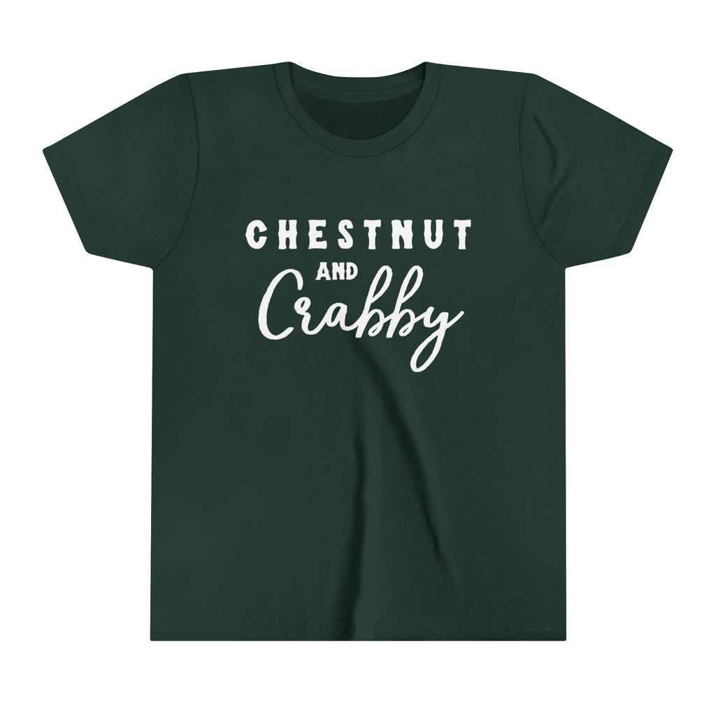 Forest youth short sleeve with white lettering reading "Chestnut and Crabby".