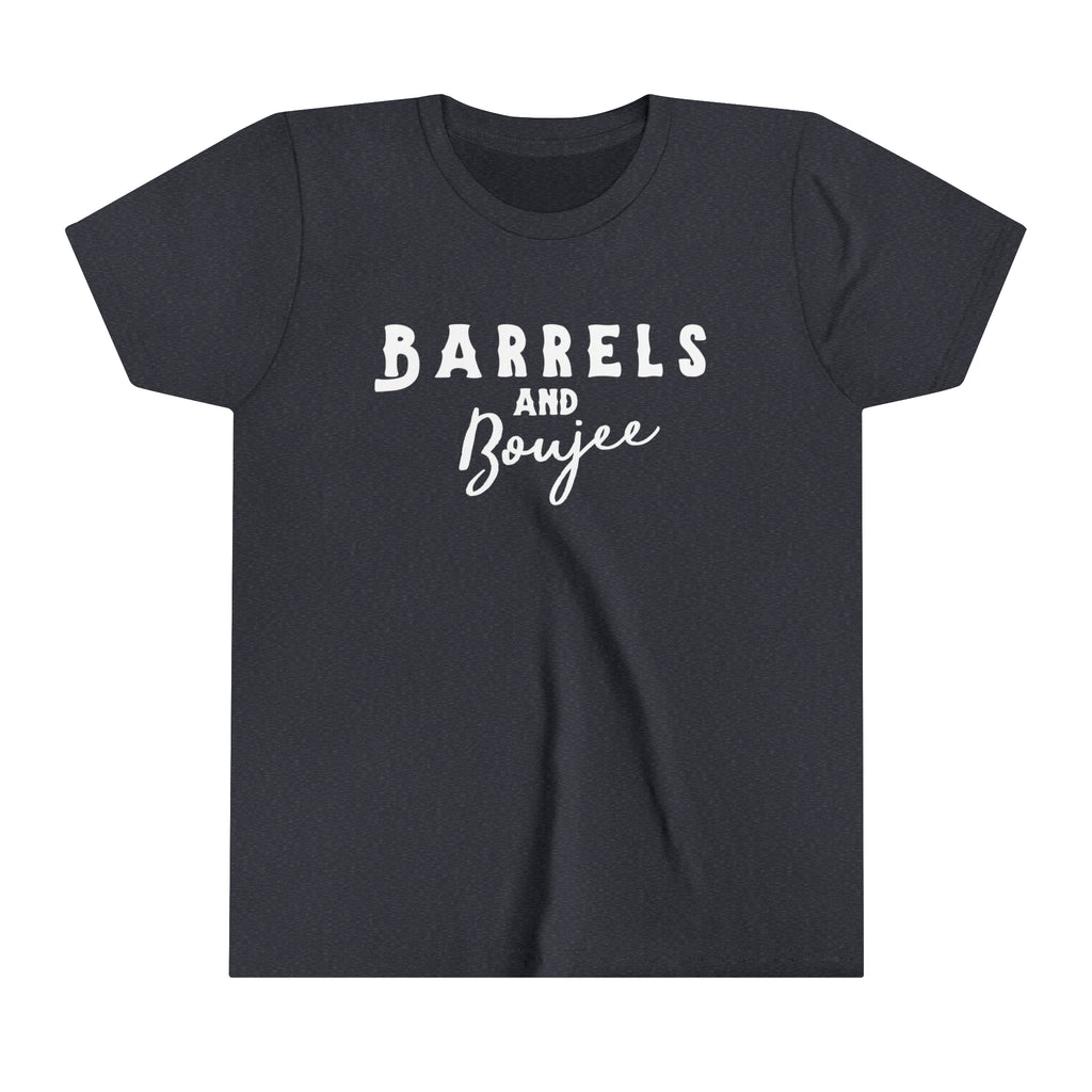 Navy youth short sleeve with white lettering reading "Barrels and Boujee".