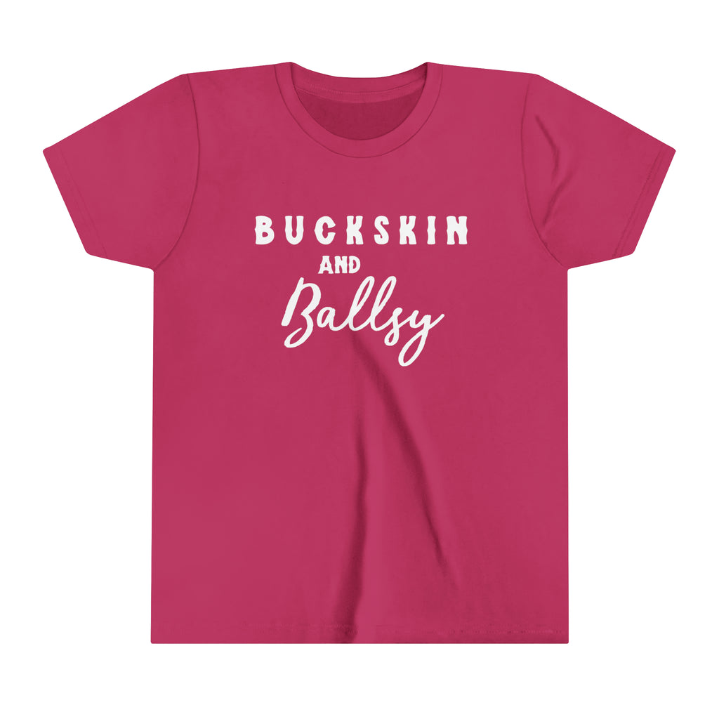 Berry youth short sleeve with white lettering reading "Buckskin and Ballsy". 