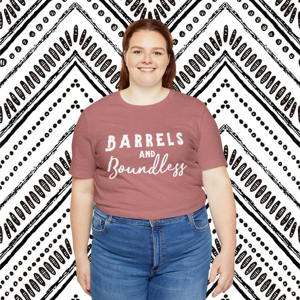 Mauve plus size short sleeve with white lettering reading "Barrels and Boundless".