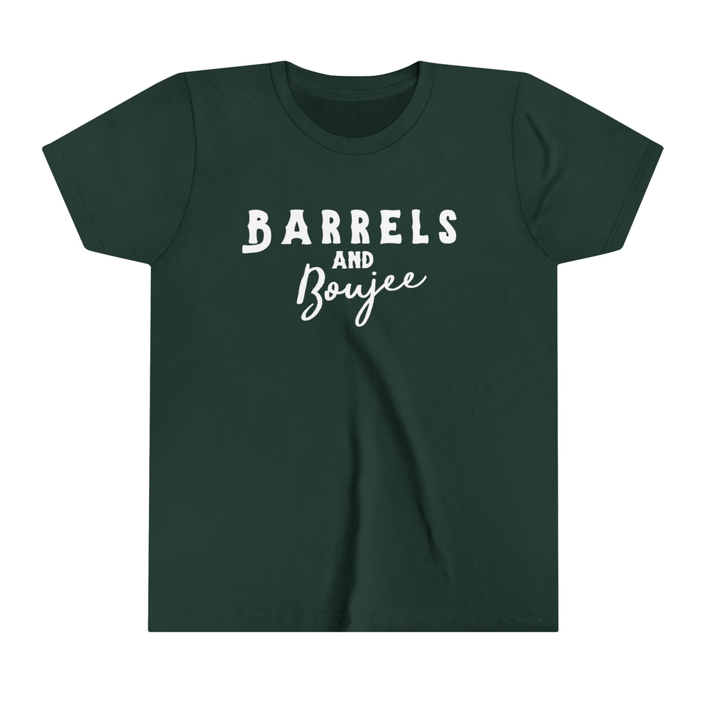 Forest youth short sleeve with white lettering reading "Barrels and Boujee".