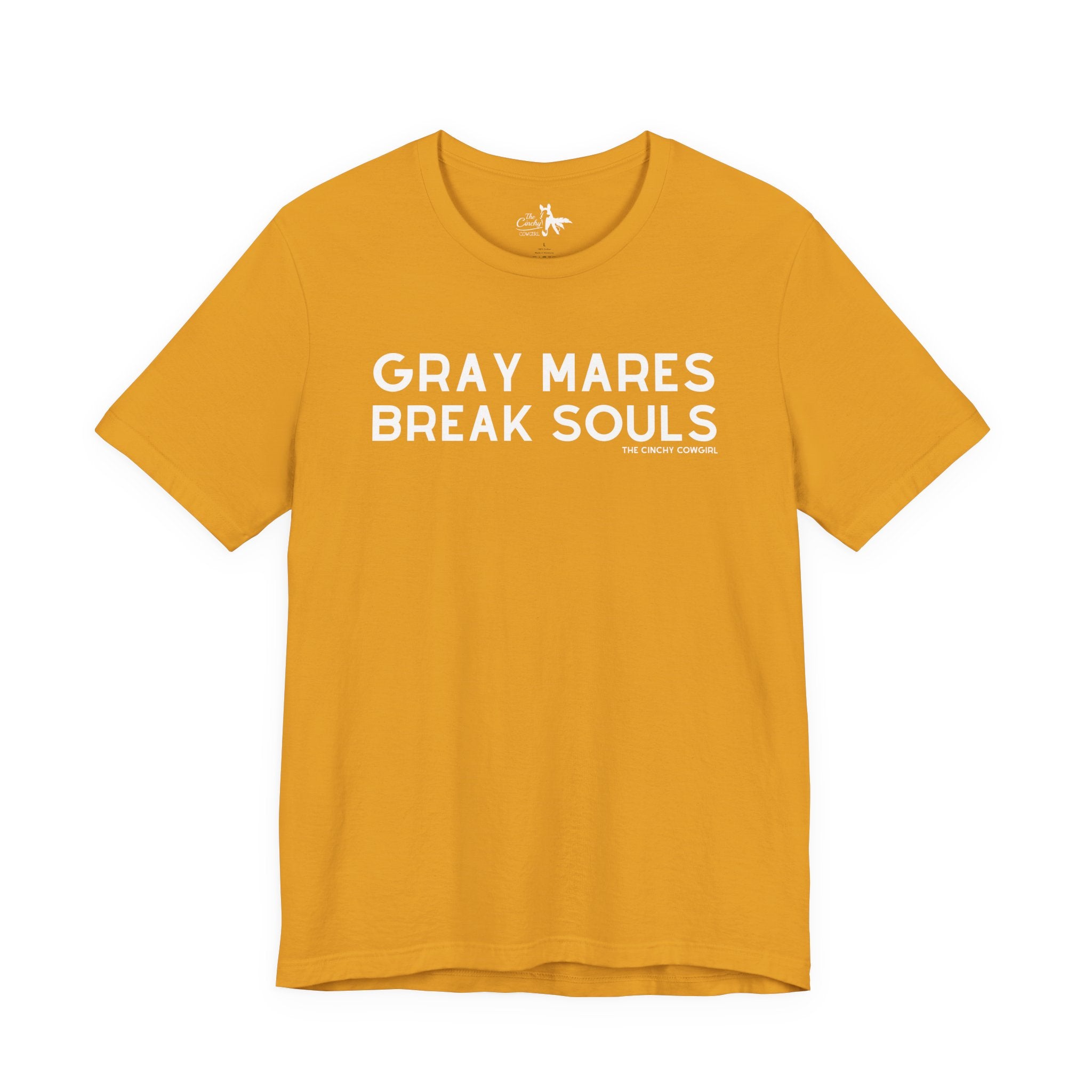 Gray Mares Break Souls Short Sleeve Tee T-Shirt The Cinchy Cowgirl - Print Mustard XS