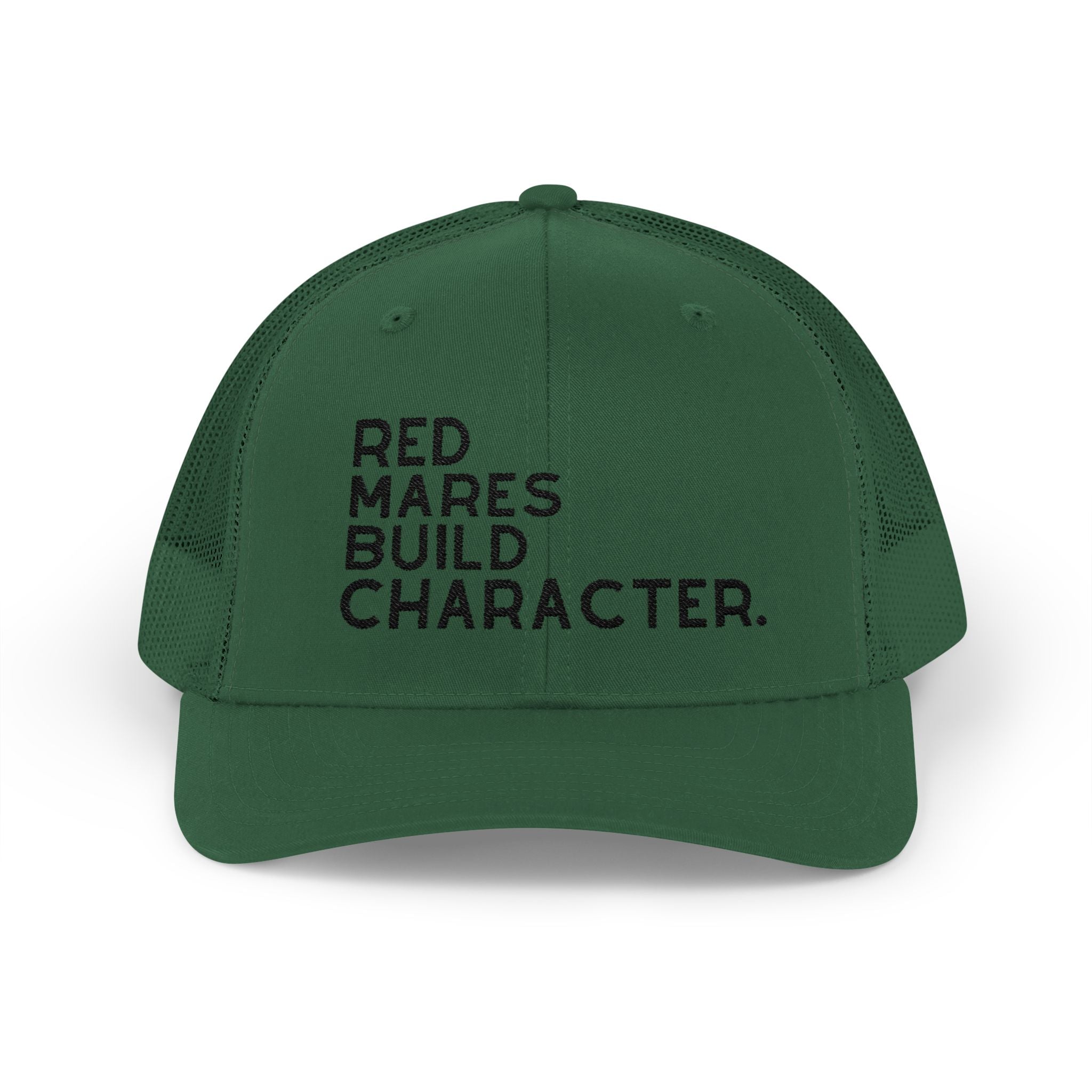 Red Mares Build Character Trucker Hat Embroidered TCC Hat The Cinchy Cowgirl - Print Evergreen