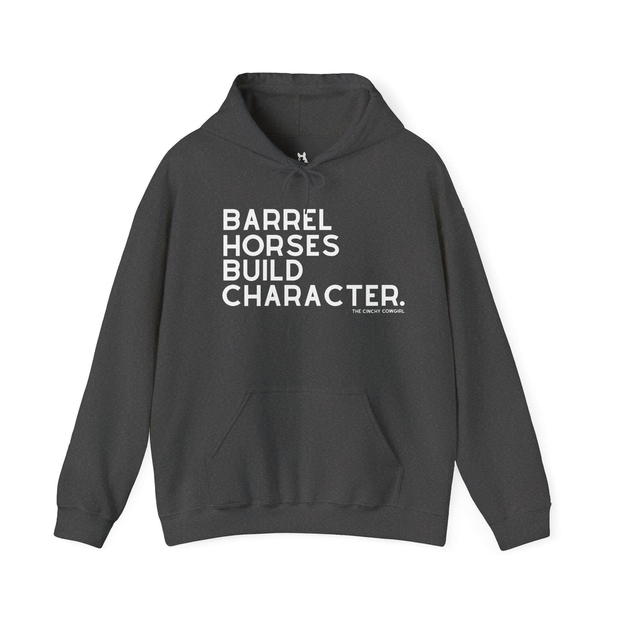 Barrel Horses Build Character Hoodie Graphic Hoodie The Cinchy Cowgirl - Print Dark Heather S