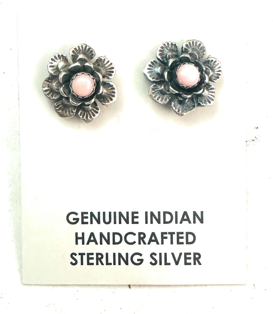Navajo Sterling Silver & Queen Pink Flower Stud Earrings NT jewelry Nizhoni Traders LLC   