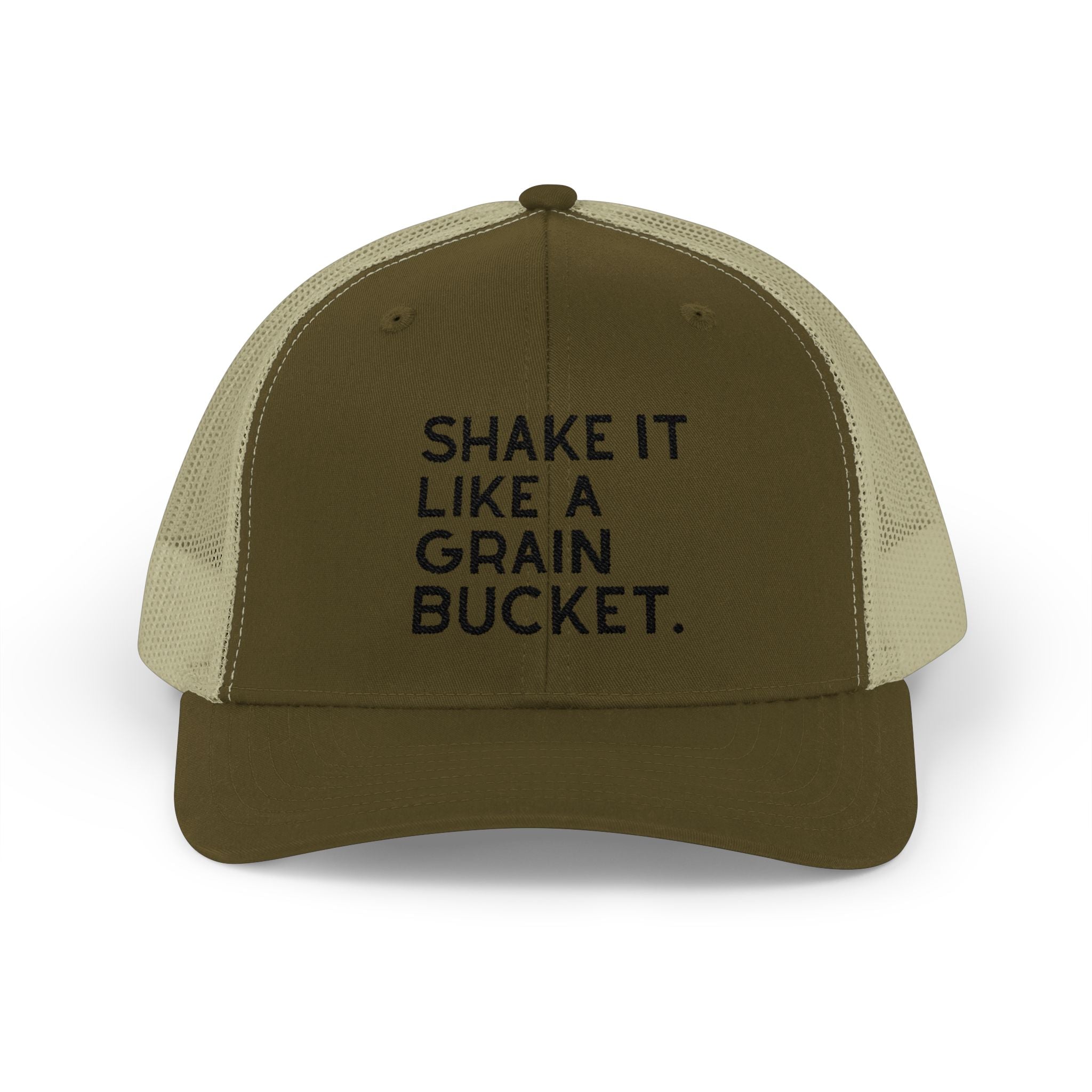 Embroidered Shake It Like A Grain Bucket Trucker Hat Embroidered TCC Hat The Cinchy Cowgirl - Print Moss / Khaki