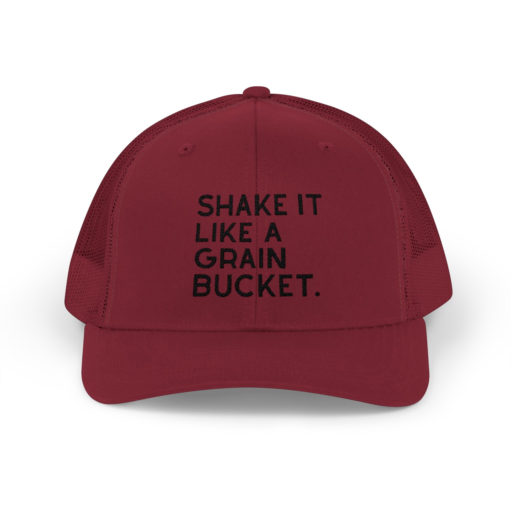 Embroidered Shake It Like A Grain Bucket Trucker Hat Embroidered TCC Hat The Cinchy Cowgirl - Print Cranberry