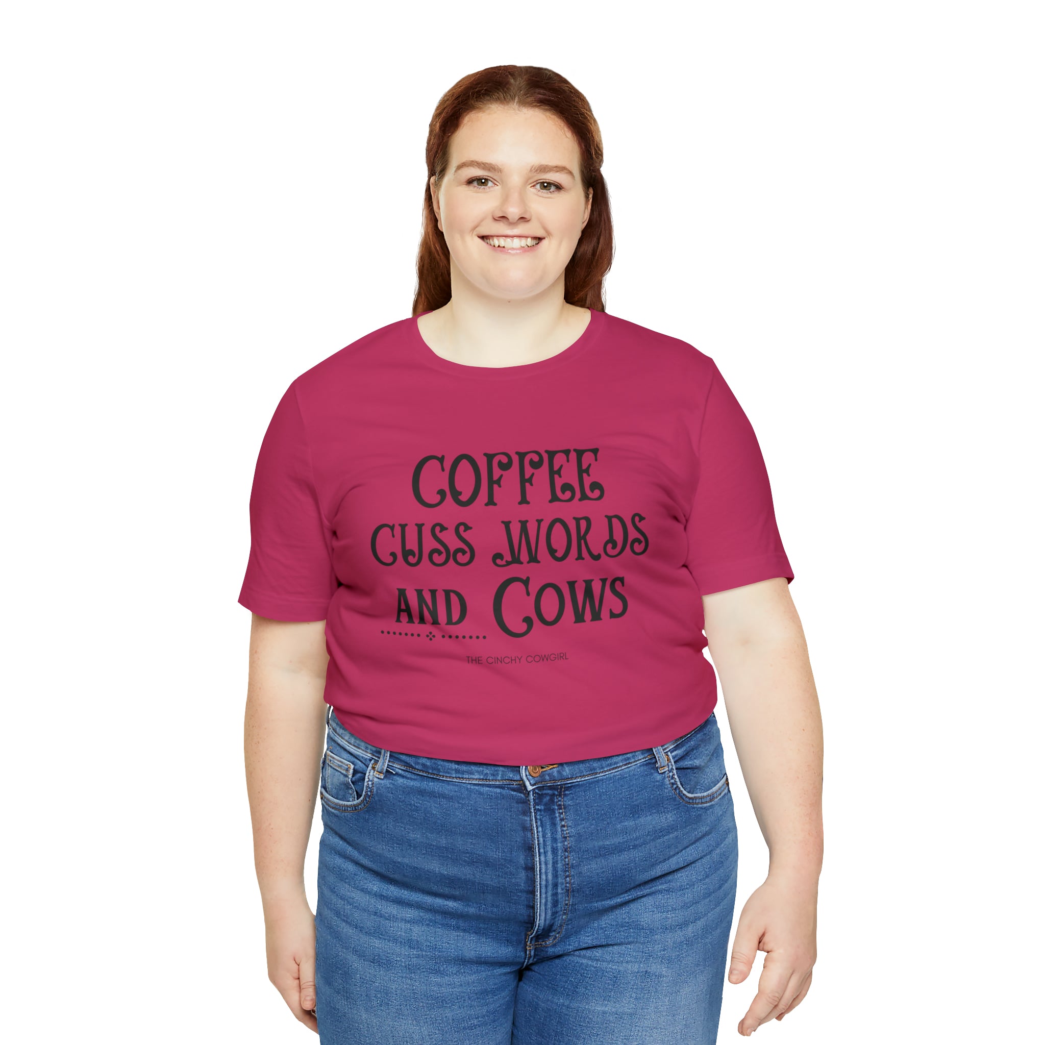 Coffee Cuss Words & Cows Short Sleeve Graphic Tee T-Shirt The Cinchy Cowgirl - Print Berry M
