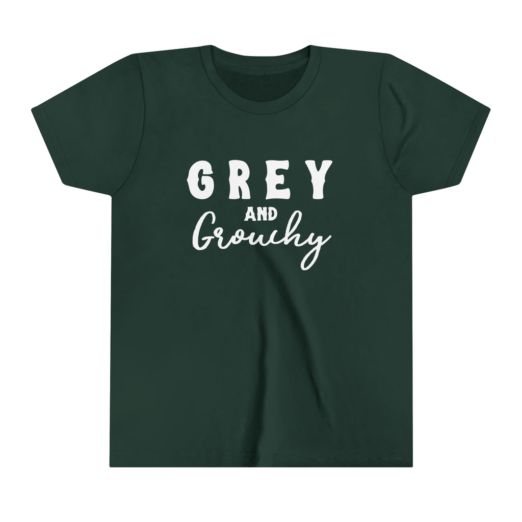 Forest youth short sleeve with white lettering reading "Grey and Grouchy".