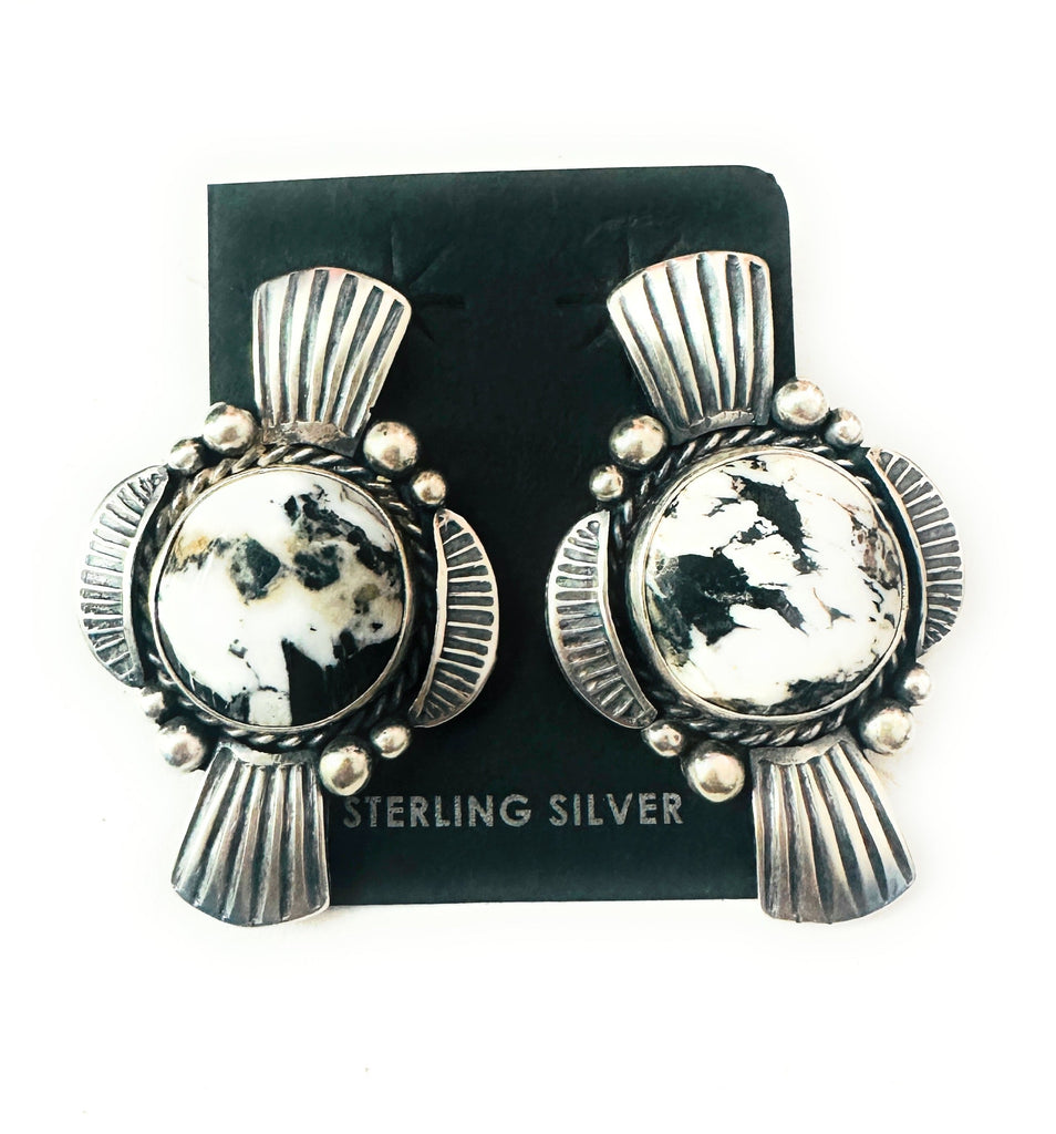Navajo White Buffalo & Sterling Silver Post Earrings NT jewelry Nizhoni Traders LLC   