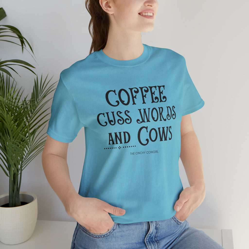 Coffee Cuss Words & Cows Short Sleeve Graphic Tee T-Shirt Printify Turquoise M 