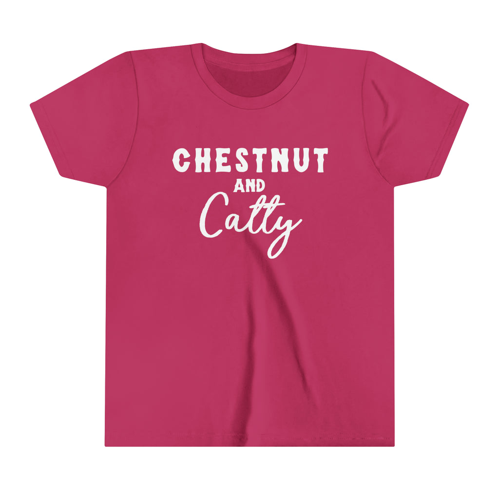 Berry youth short sleeve with white lettering reading "Chestnut and Catty". 