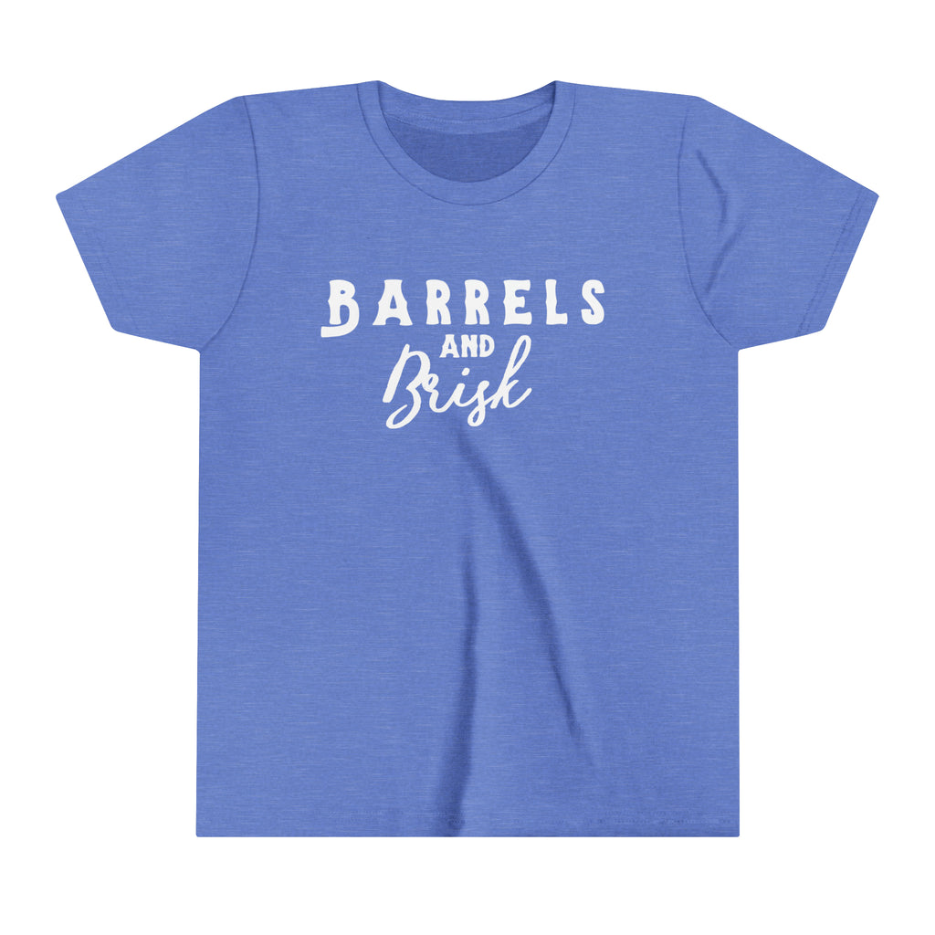 Blue youth short sleeve with white lettering reading "Barrels and Brisk".