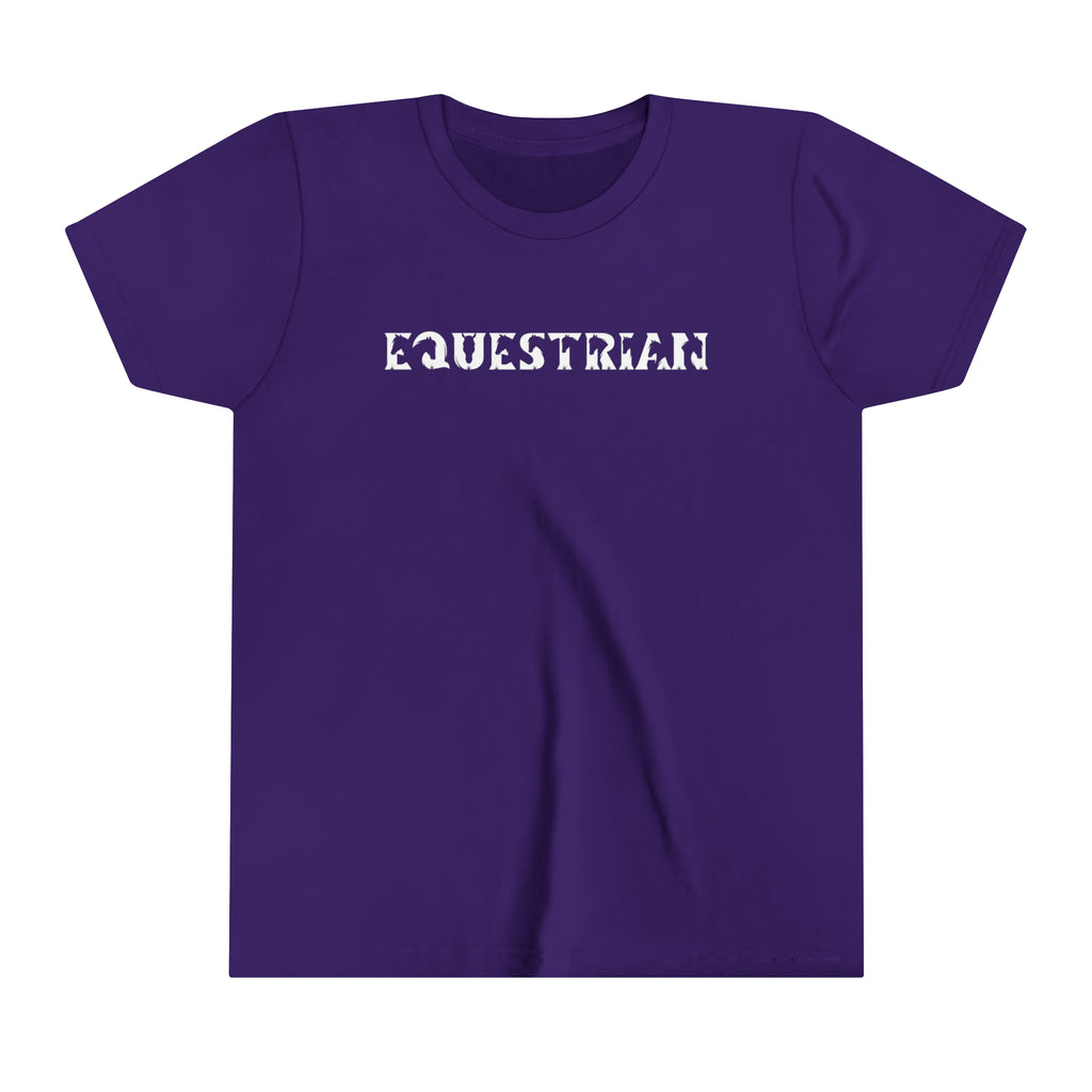 Purple youth short sleeve with white lettering reading "Equestrian" with horse cutouts in the lettering.