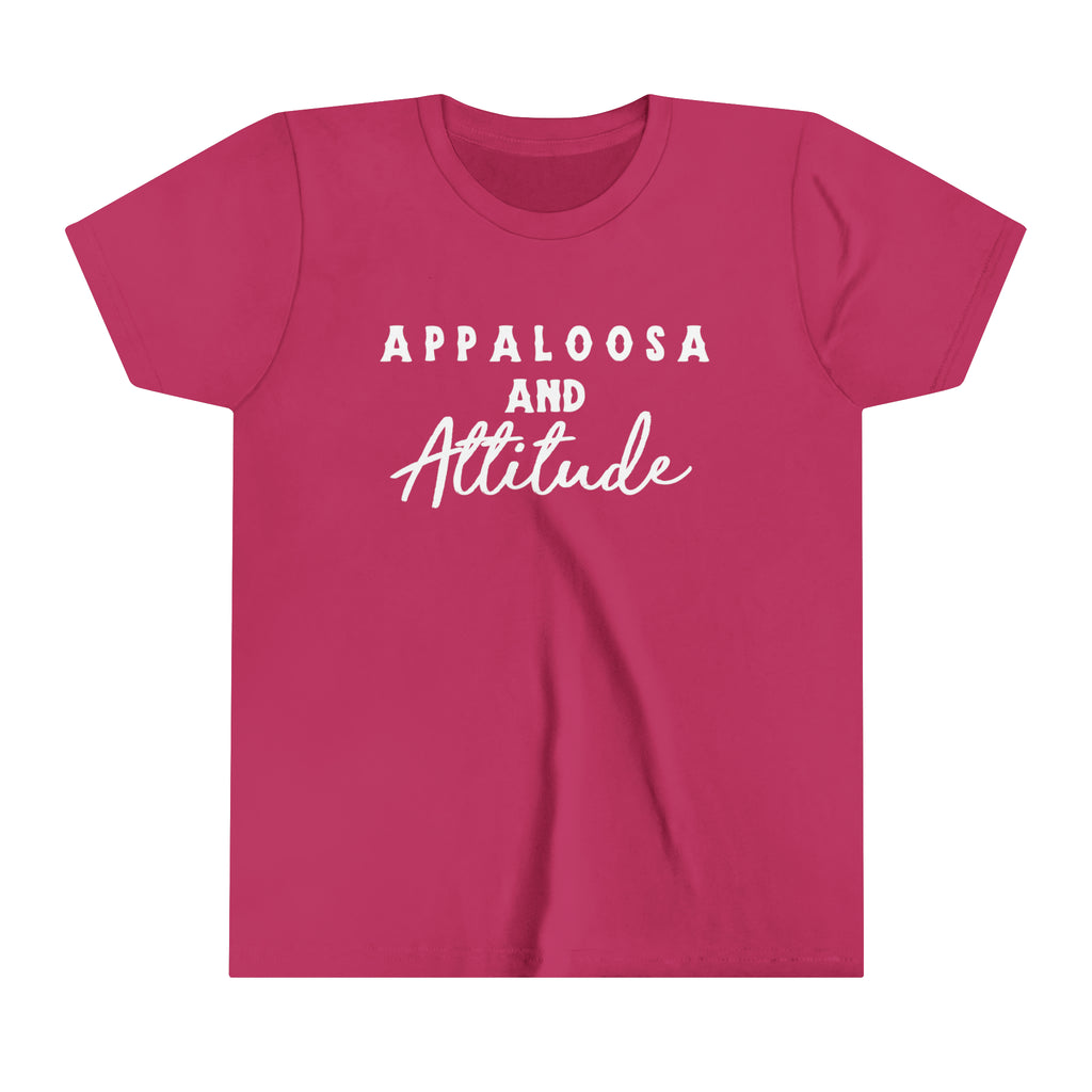 Western berry youth short sleeve with white lettering that reads "Appaloosa & Attitude".