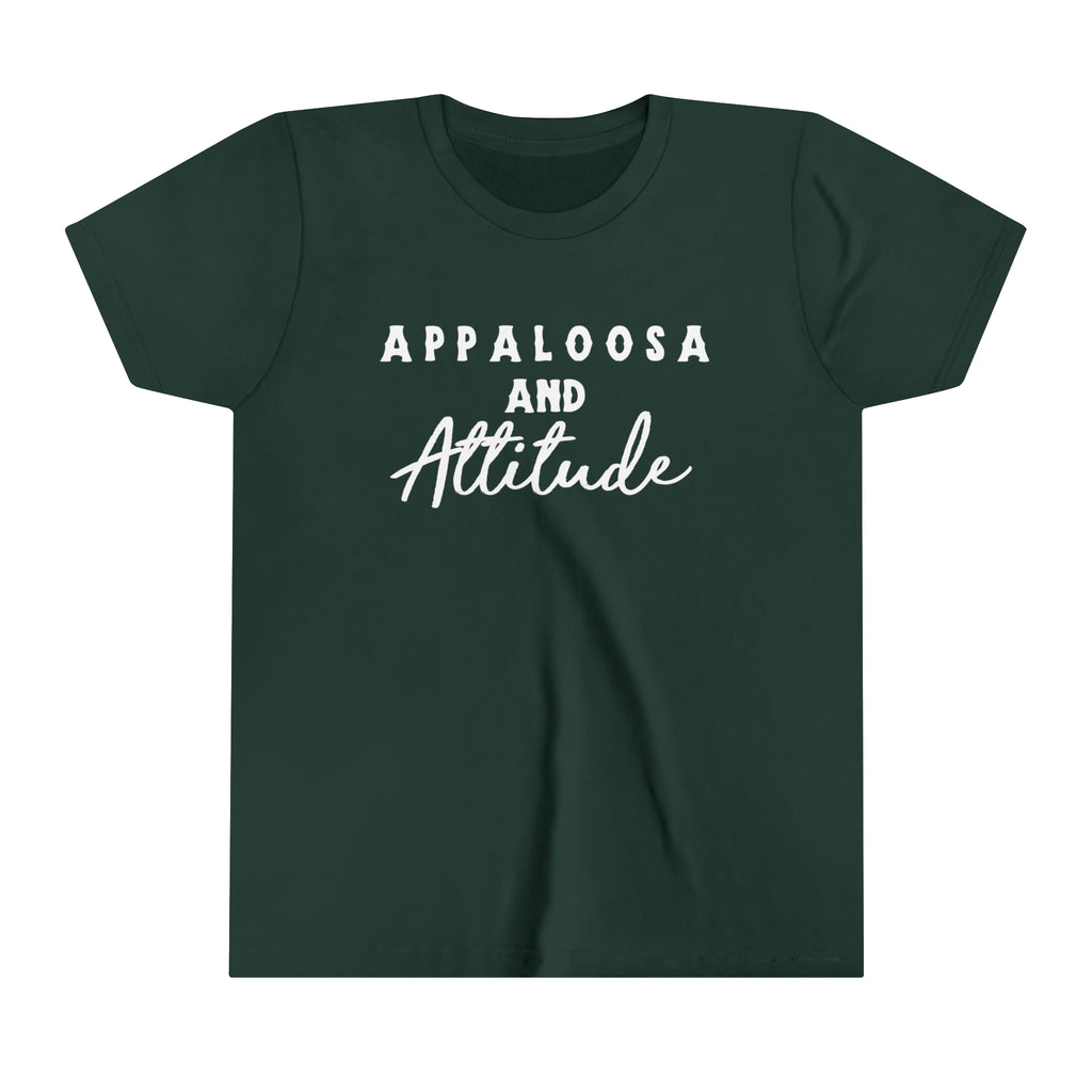 Western forest youth short sleeve with white lettering that reads "Appaloosa & Attitude".