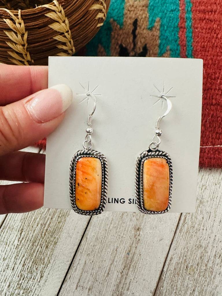 Navajo Orange Spiny and Sterling Silver Dangle Earrings NT jewelry Nizhoni Traders LLC   