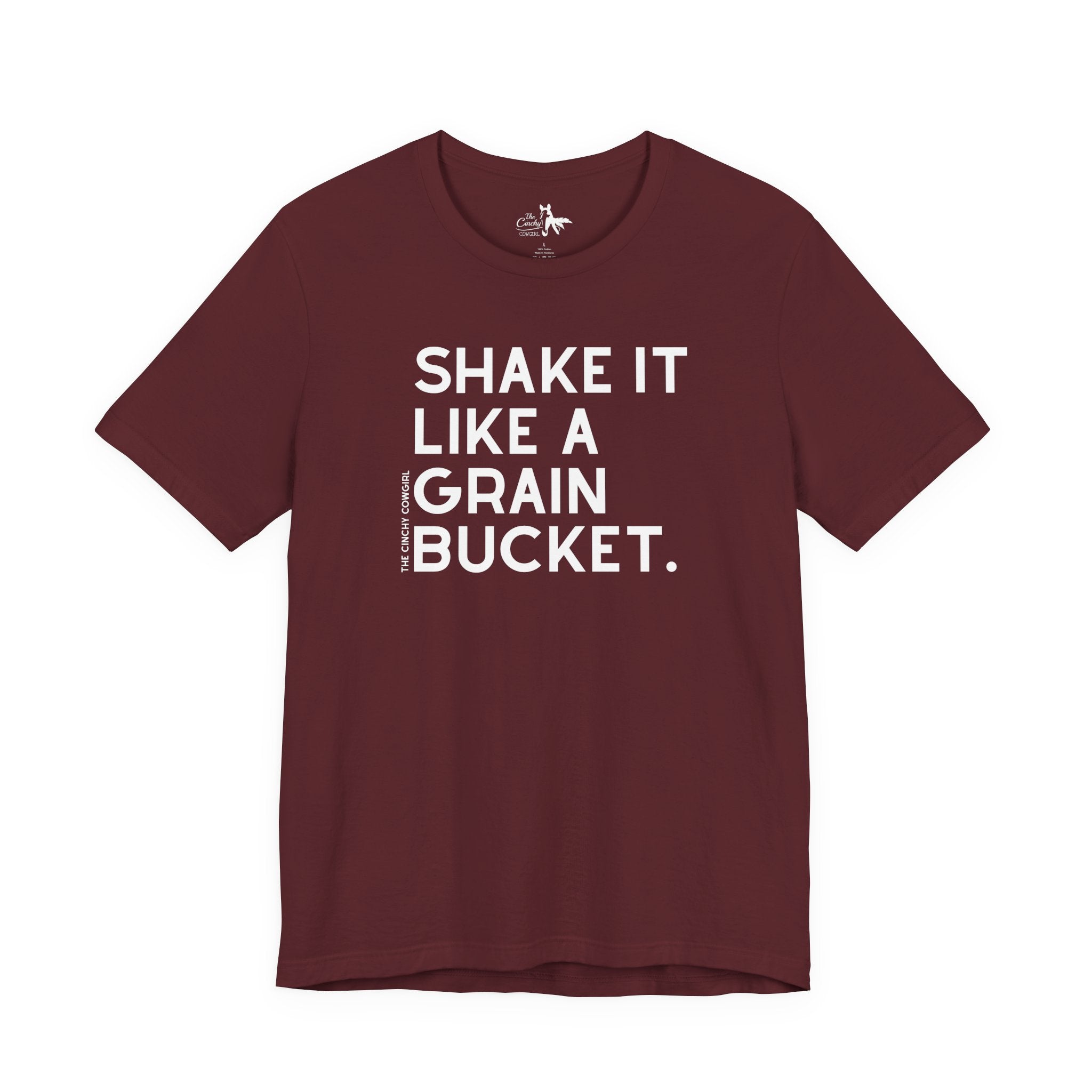 Shake It Like A Grain Bucket Short Sleeve Tee Graphic Tee The Cinchy Cowgirl - Print Maroon XS