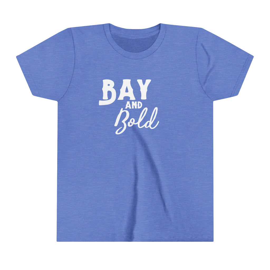 Blue youth short sleeve with white lettering reading "Bay and bold".