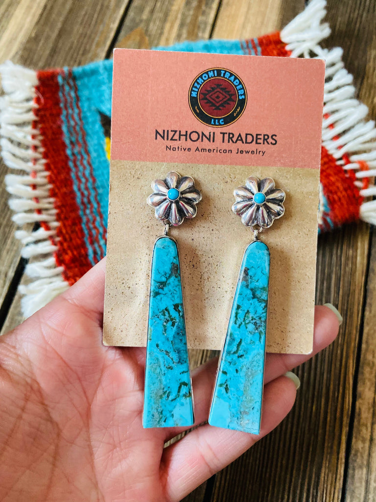 Concho Study Turquoise Slab Dangle Earrings NT jewelry Nizhoni Traders LLC   