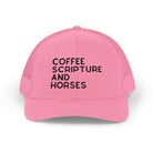Embroidered Coffee Scripture and Horses Trucker Hat [23 Colors] Embroidered TCC Hat The Cinchy Cowgirl - Print Pink
