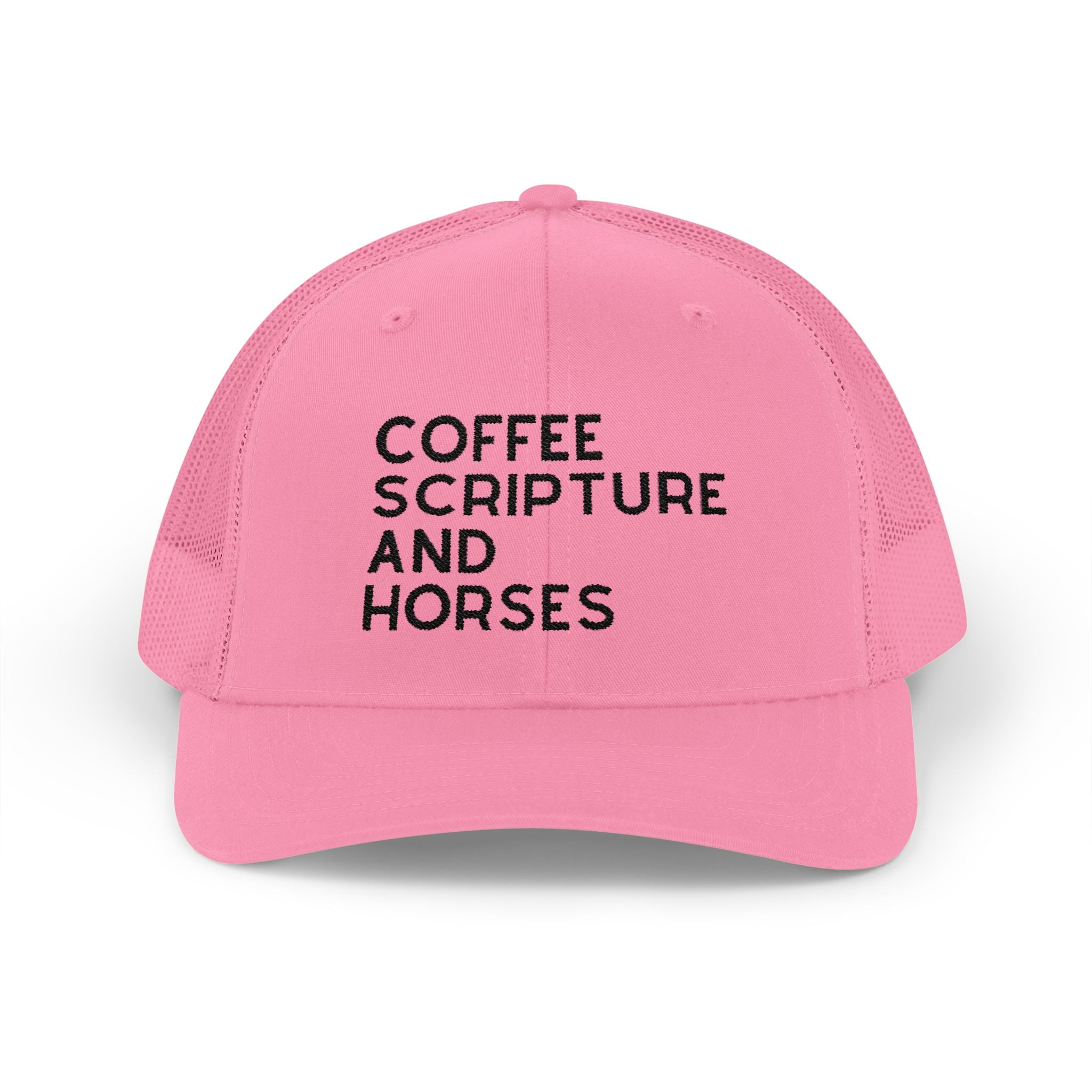 Embroidered Coffee Scripture and Horses Trucker Hat [23 Colors] Embroidered TCC Hat The Cinchy Cowgirl - Print Pink